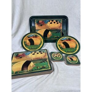 VTG Farm Animal Melamine 19 Pc Set Italy Tray Boards Placemats Coasters Folk Art